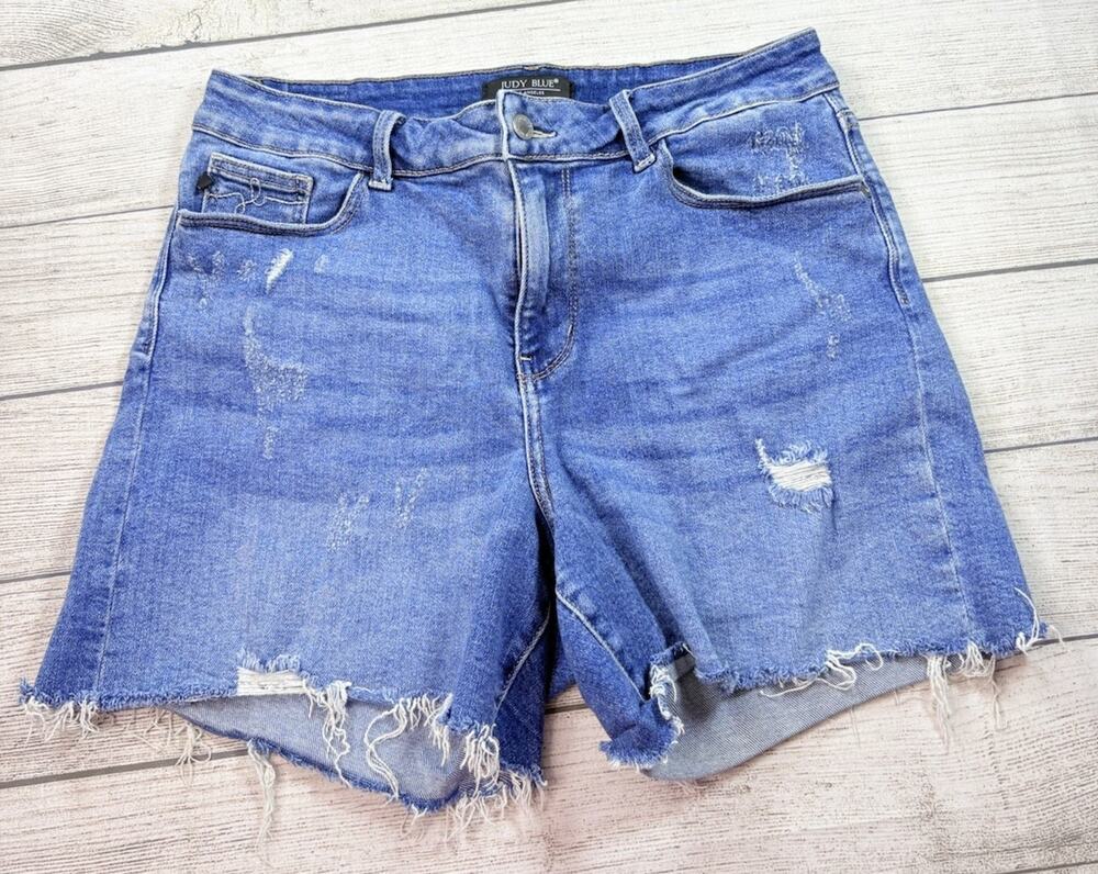 Judy Blue High Waist Distressed Denim Shorts Medium Blue JB15102MD Size 1XL